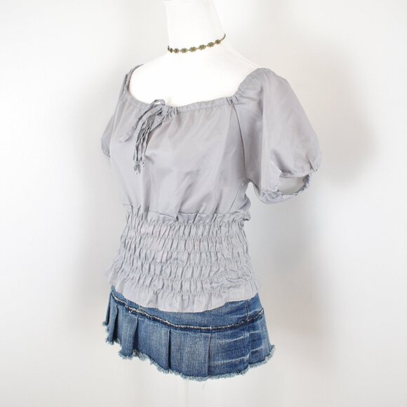 VTG 00s Y2K Ultra Pink Gray Short Puff Sleeve Keyhole Neck Milkmaid Top Sz Large - Picture 2 of 6